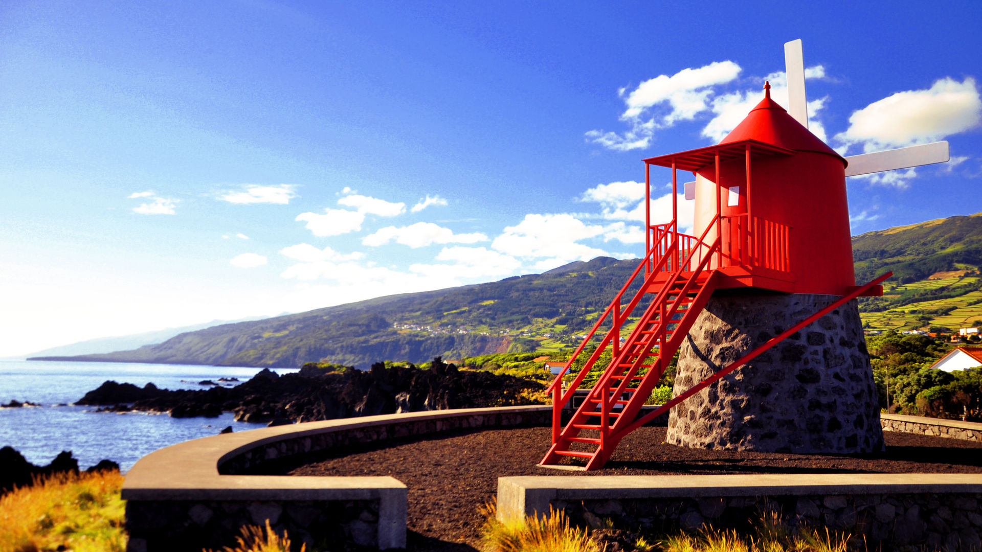 Red Windmill by the Sea: a Pico Classic Landscape