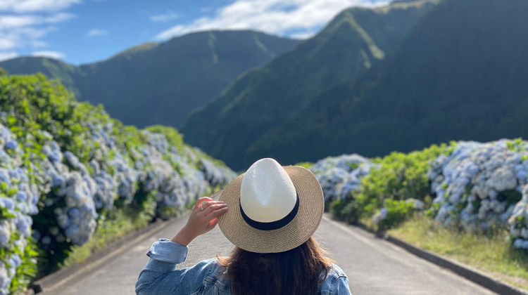 Person walking along a mountain road surrounded by green hills and hydrangeas in Sete Cidades, São Miguel Island, Azores