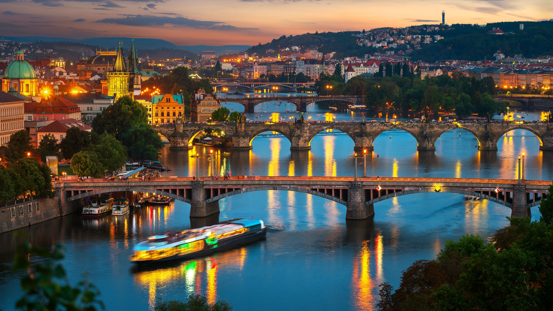 Illuminated bridges in Prague, Czech Republic