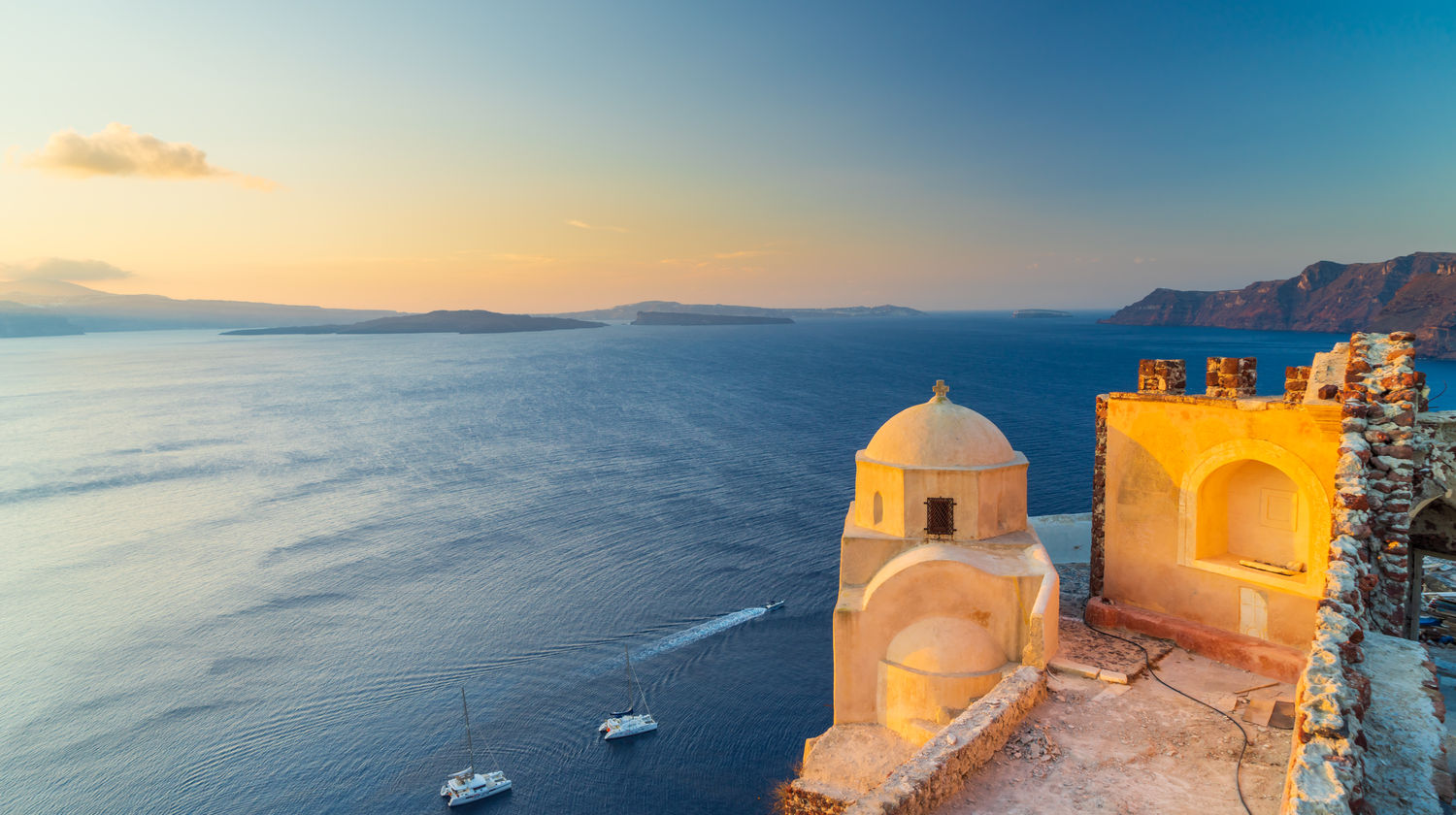 The ruins of the Venetian castle in Oia, Santorini, Greece