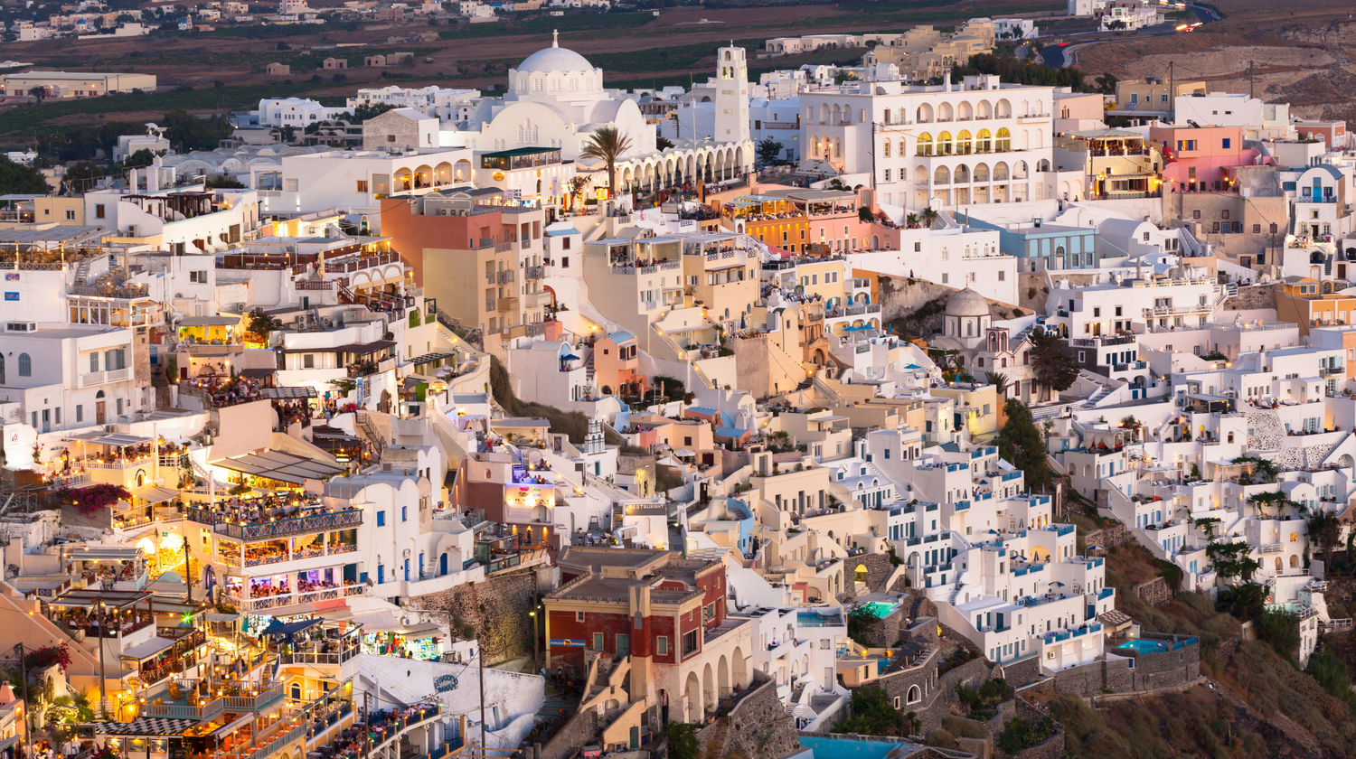 View of Fira at sunset, Santorini, Greece