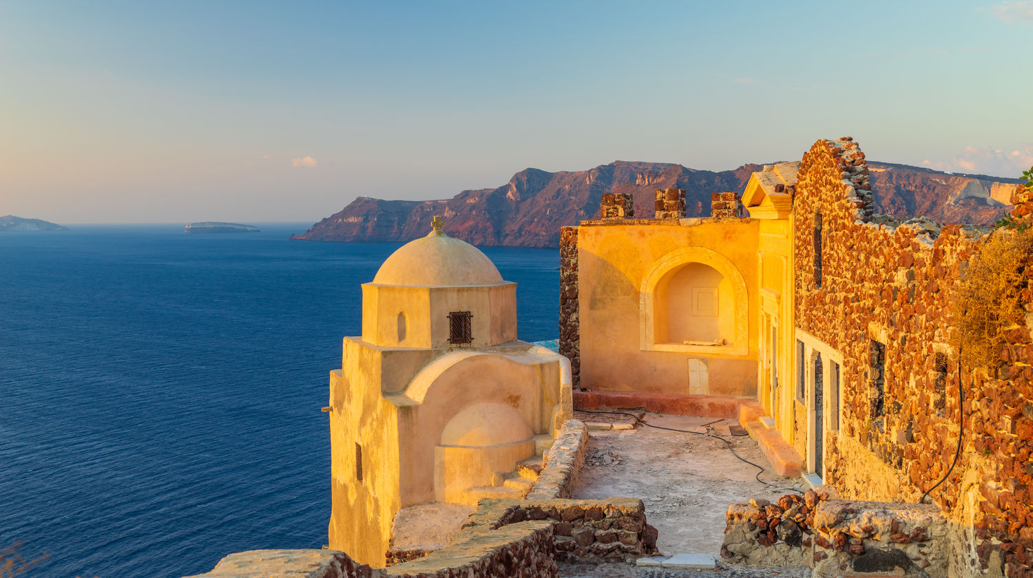 The ruins of the Venetian castle in Oia, Santorini, Greece