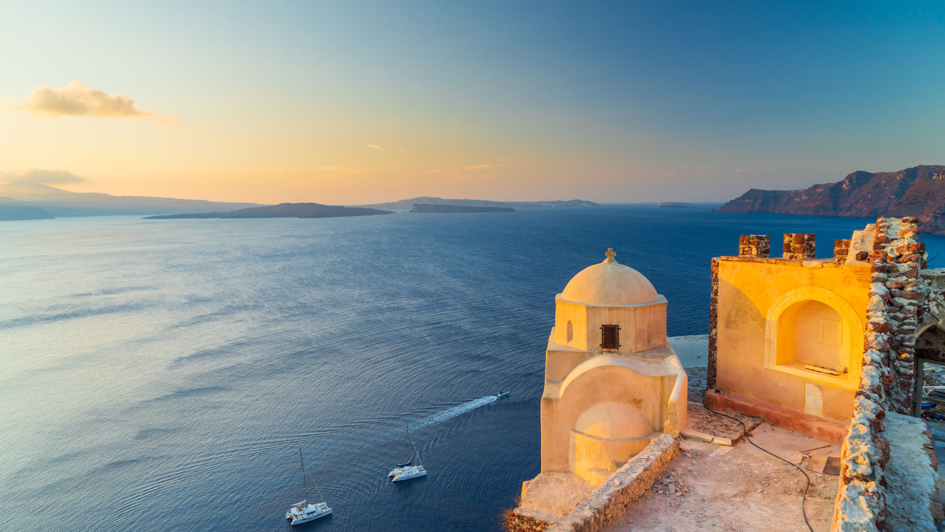 The ruins of the Venetian castle in Oia, Santorini, Greece