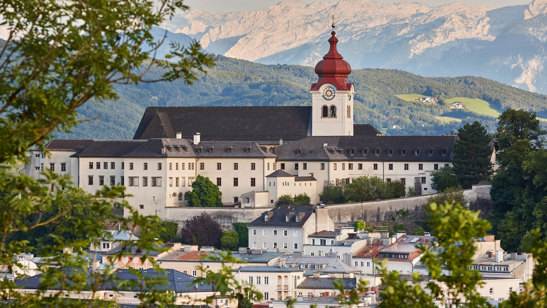 Nonnberg Abbey and Alpine mountain range in Salzburg, Austria