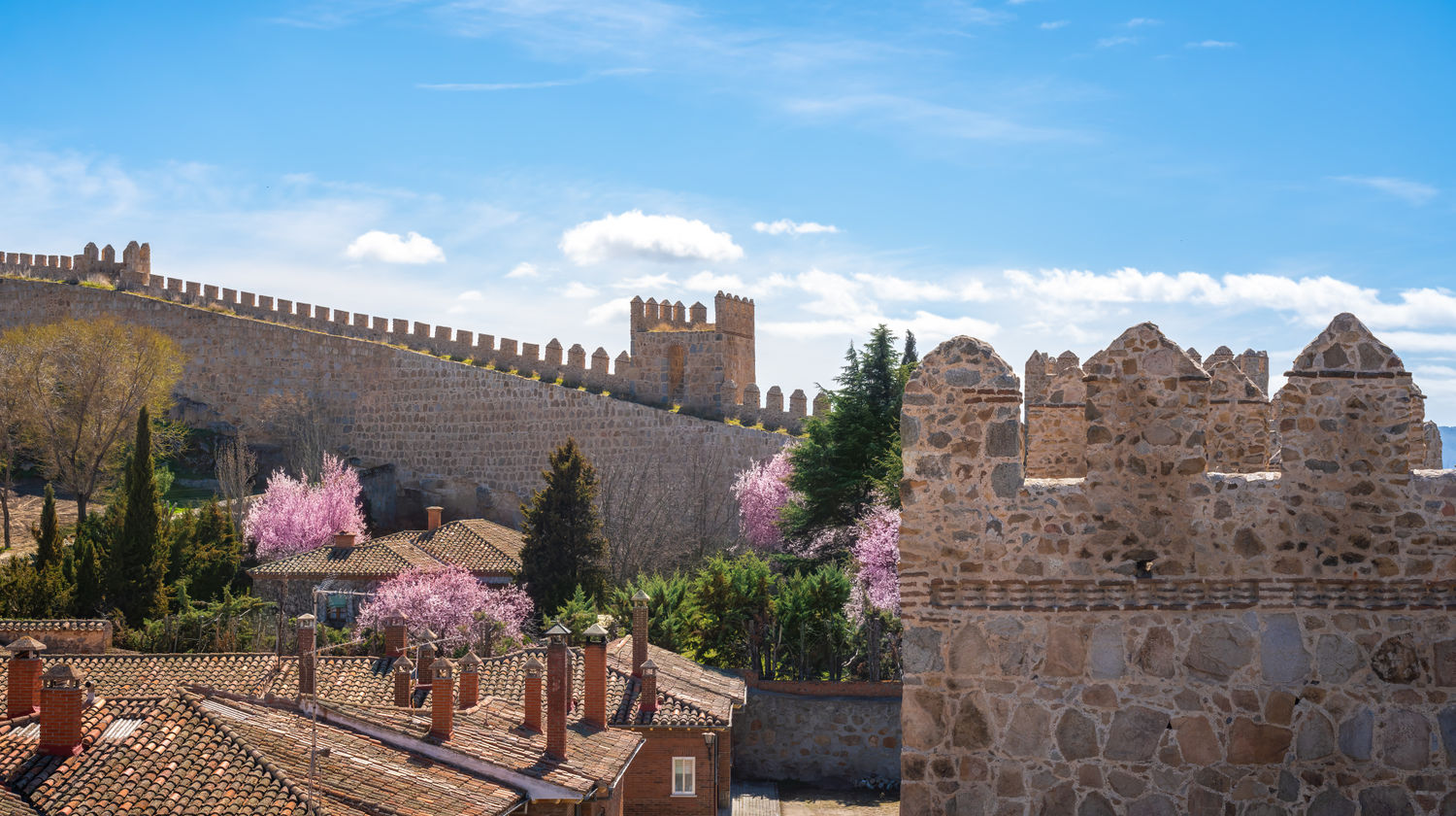 Medieval battlements of Ávila and view of the city, Spain