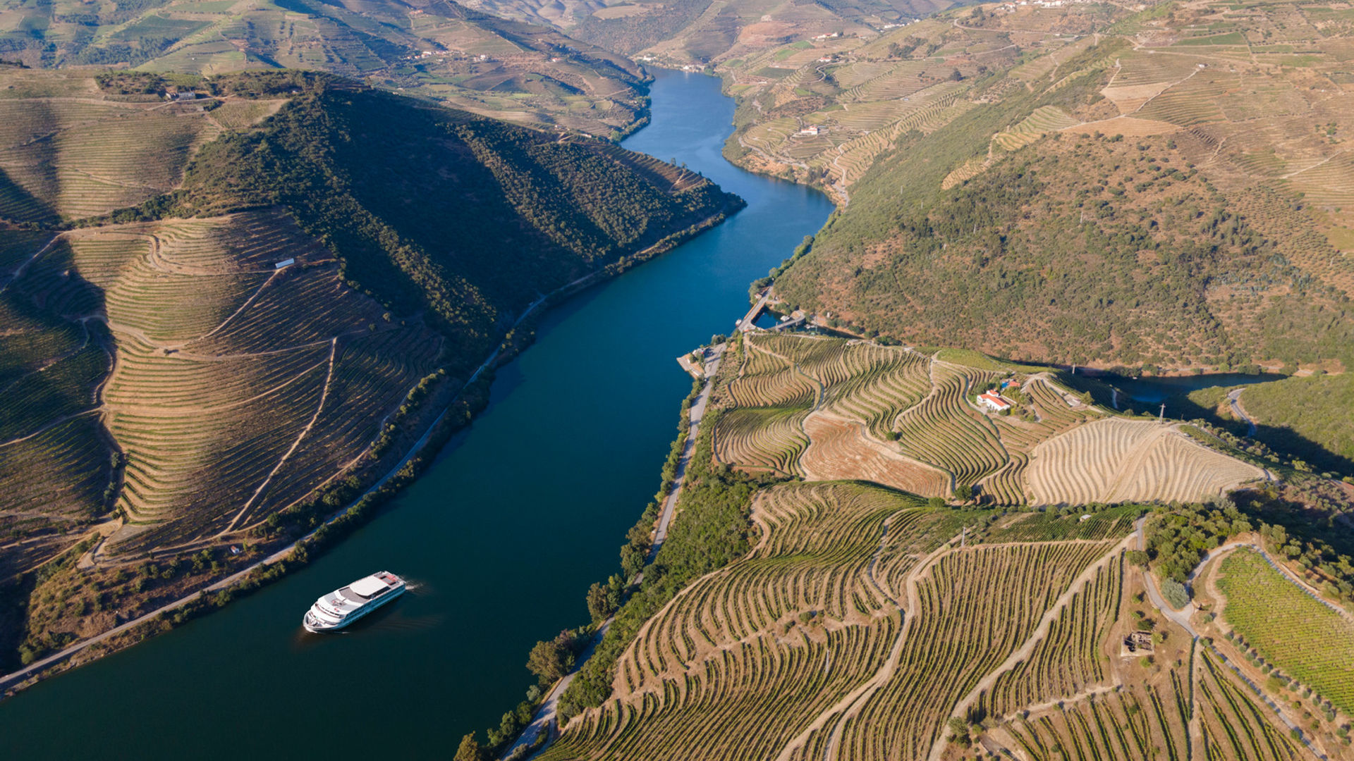 Aerial view of the Douro River winding through the valley.