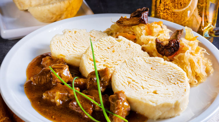 Goulash with traditional Czech bread dumplings (knedlíky)
