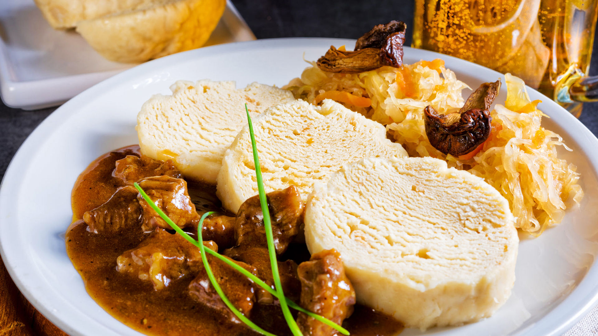 Goulash with traditional Czech bread dumplings (knedlíky)