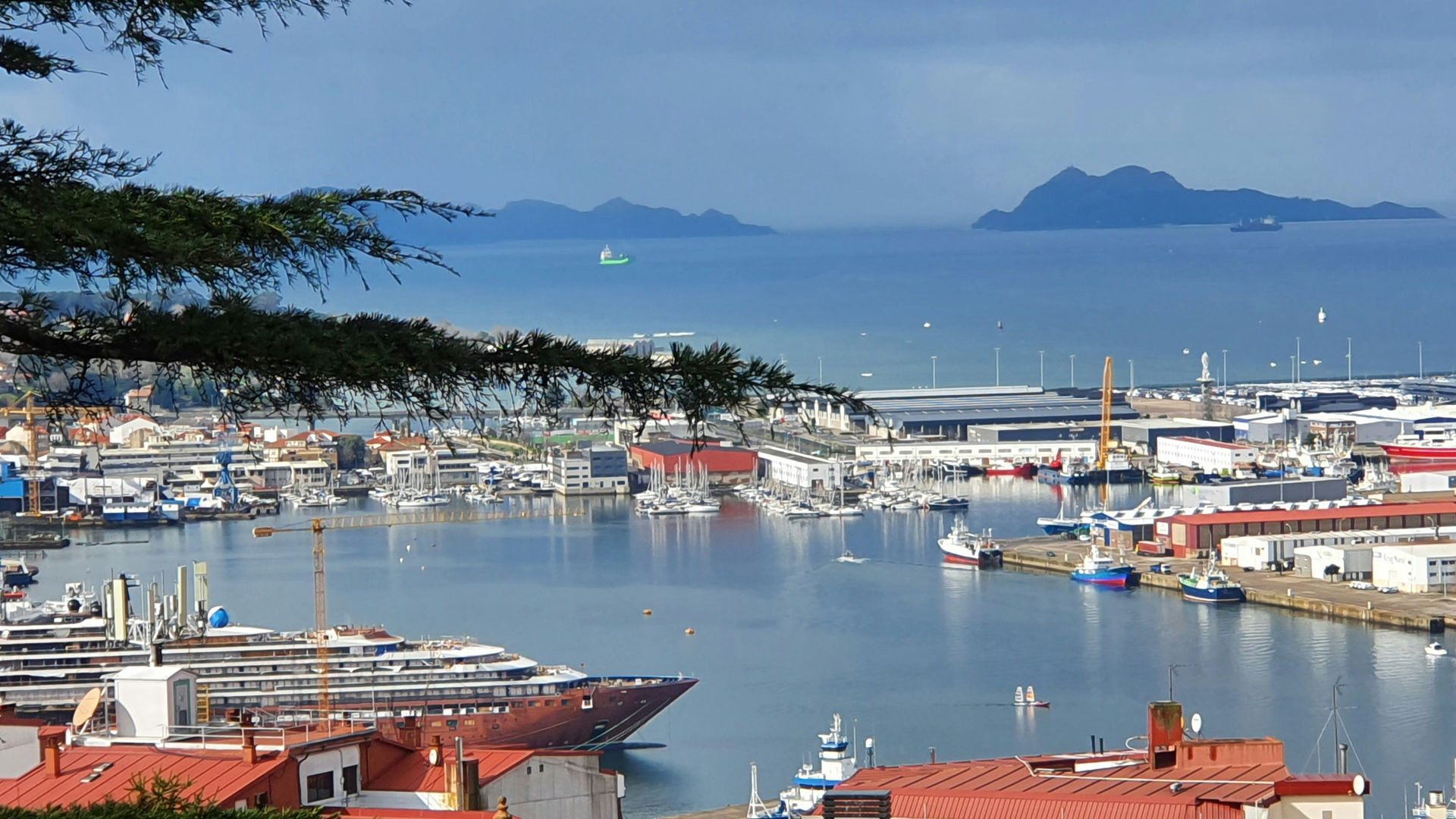 Vigo Port and Ría de Vigo with the Cíes Islands in the Background, Spain