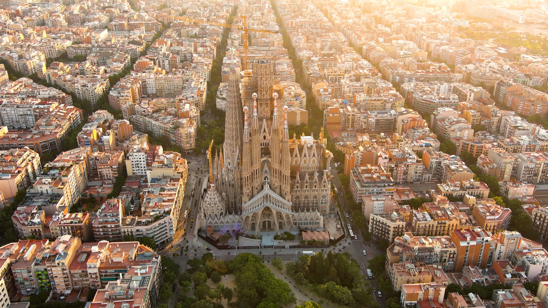 Aerial View of Barcelona Skyline and Sagrada Familia