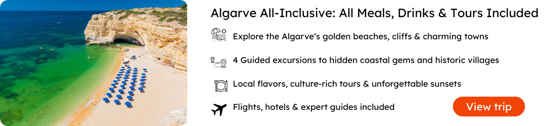 Best of Algarve All Inclusive Holidays – Golden Beaches, Cliffs & Tours Best of Algarve all inclusive holiday in Portugal, showing golden sandy beach with turquoise water, dramatic cliffs, and rows of blue sun loungers, perfect for relaxation and guided tours to hidden gems and villages.