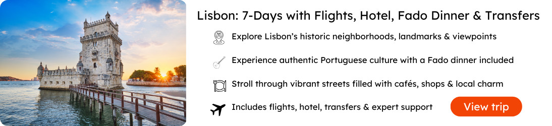 Best of Lisbon: 7-Day Package with Flights, Hotel, Fado Dinner & Transfers View of Belém Tower in Lisbon, Portugal at sunset, promoting a 7-day travel package that includes flights, hotel stay, transfers, and a traditional Fado dinner experience.