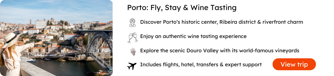 Best of Porto: Fly, Stay & Wine Tasting Package with Douro Valley Tours Woman admiring the Porto cityscape and Dom Luís I Bridge from above, promoting a Fly, Stay & Wine Tasting package that includes flights, hotel, transfers, wine tasting, and a Douro Valley tour.