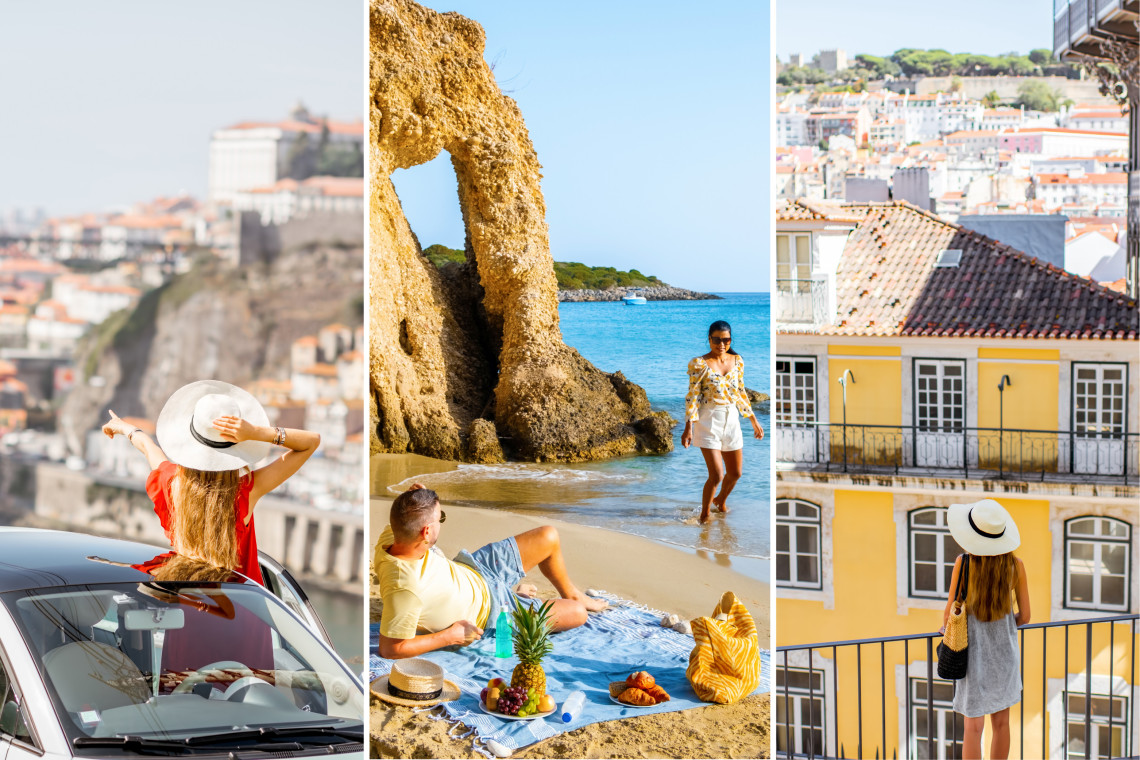 Collage of Portugal travel highlights: a woman overlooking Funchal in Madeira, a couple relaxing on the golden beaches of the Algarve, and a traveler admiring the colorful rooftops of Lisbon — showcasing the variety of experiences available in all inclusive Portugal holidays.