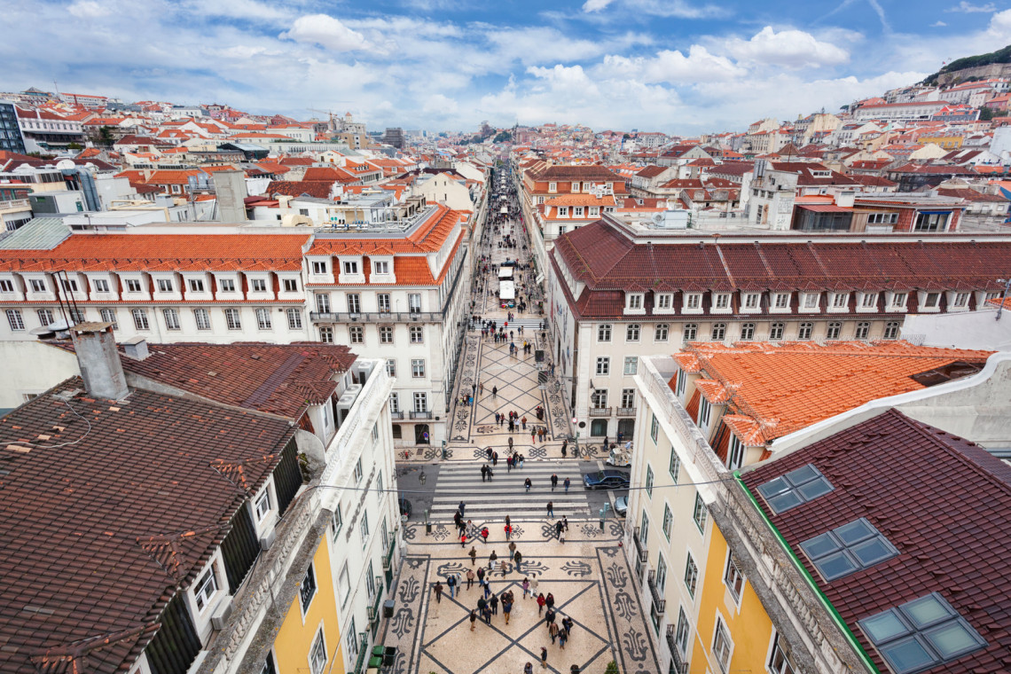 View over the central Baixa district and the pedestrian street Rua Augusta in Lisbon, Portugal. View over the central Baixa district and the pedestrian street Rua Augusta in Lisbon, Portugal.