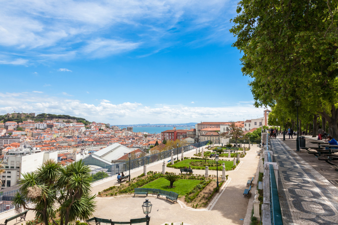 Viewpoint of Sao Pedro de Alcantara viewpoint or Belvedere in Bairro Alto District Miradouro de Sao Pedro de Alcantara viewpoint or Belvedere in Bairro Alto District. View of the Baixa and Alfama District and Castelo Sao Jorge aka Saint George Castle