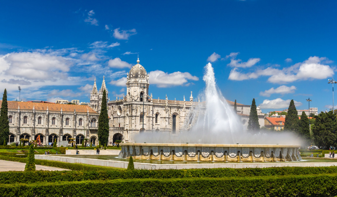 Aerial view of Jeronimos Monastery in Belem Lisbon Fountain in Front of Jeronimos Monastery in Lisbon