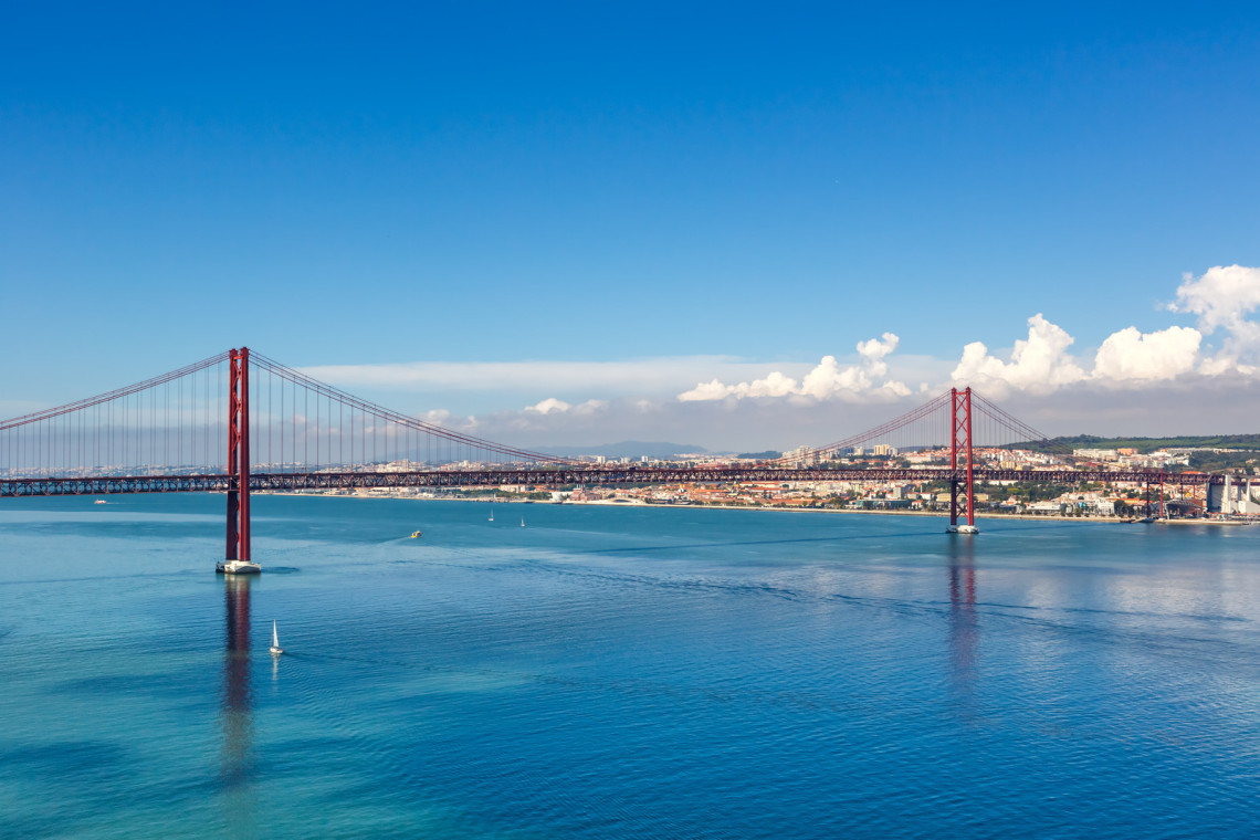 Lisbon Portugal Bridge Ponte 25 De Abril over Tejo River Town Tr