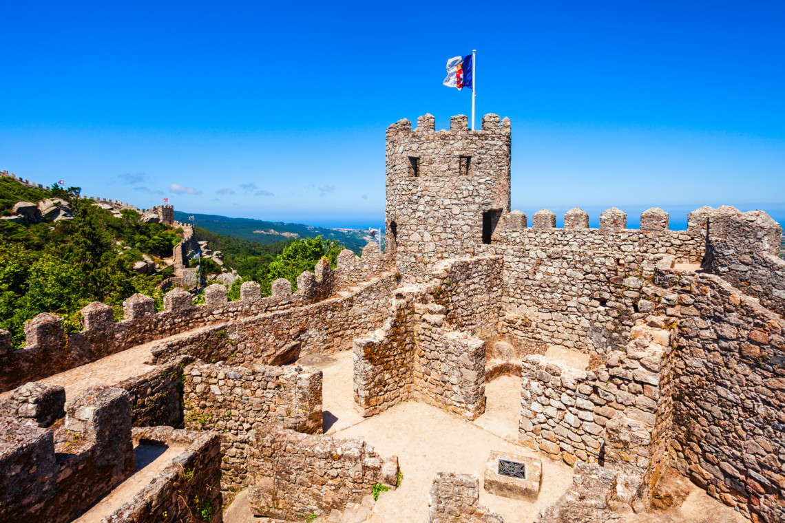 Castelo dos Mouros (Moorish Castle) in Sintra, Portugal View of the wall and towers of the ruins of the Castelo do Mouros (Moorish Castle) in the Portuguese town of Sintra.
