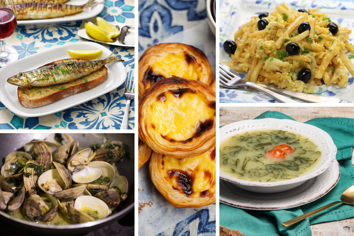 Collage of popular Portuguese foods including grilled sardines, pastéis de nata, clams in garlic sauce, caldo verde soup, and bacalhau à Brás with black olives.