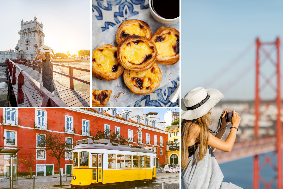Lisbon highlights collage with Belém Tower, pastel de nata, yellow tram 28, and 25 de Abril Bridge, included in Black Friday travel deals.
