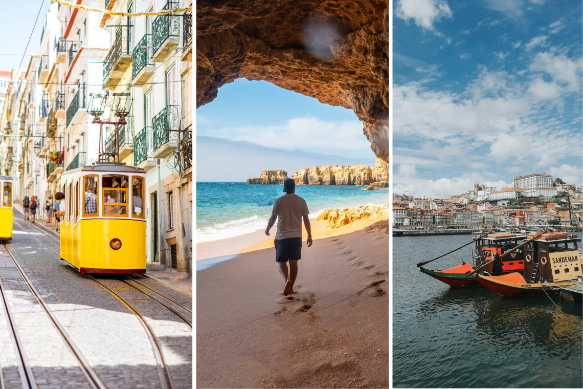 Collage of Portugal highlights featured in Black Friday travel deals: Lisbon yellow tram, Algarve sea cave beach, and Porto’s Douro River with traditional boats.