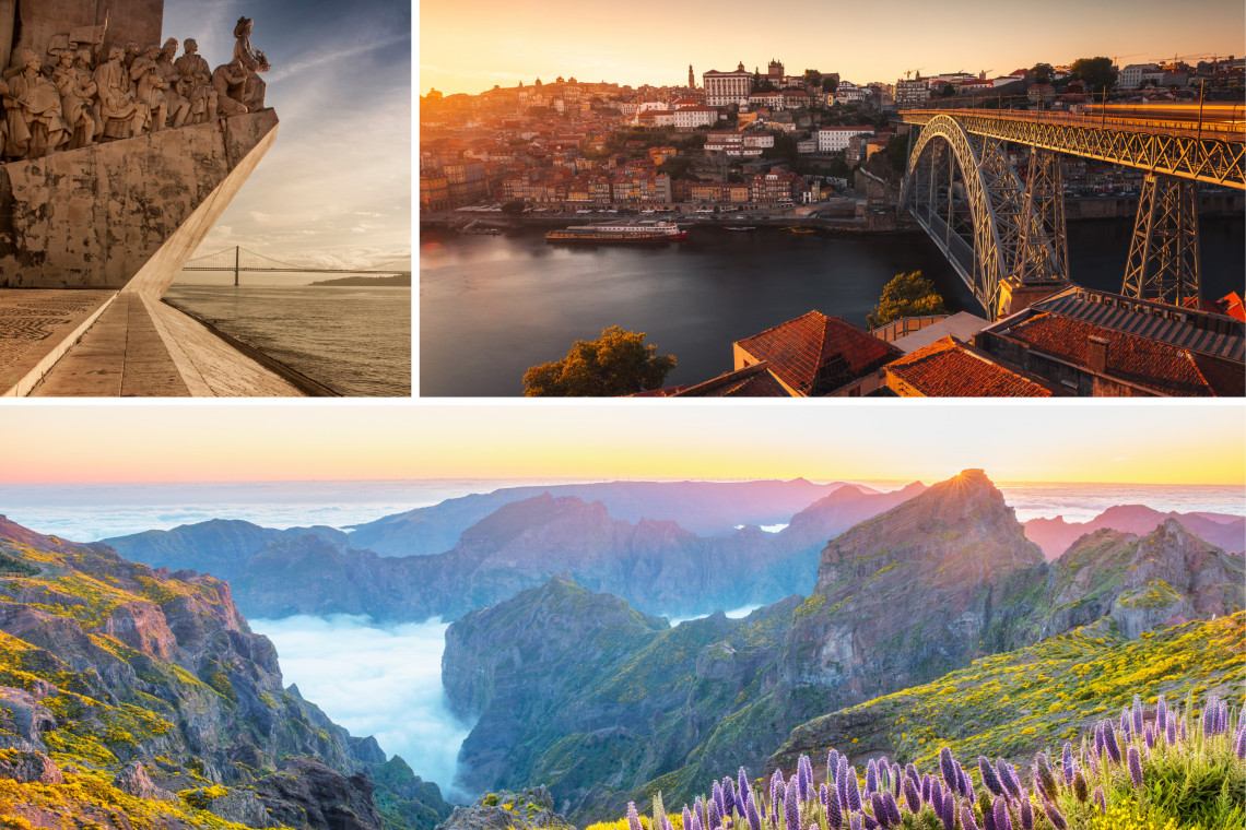 Collage of Portugal highlights in Black Friday travel deals: Lisbon’s Monument to the Discoveries with 25 de Abril Bridge, Porto’s skyline with Dom Luís I Bridge, and Madeira’s mountain landscapes at sunrise.