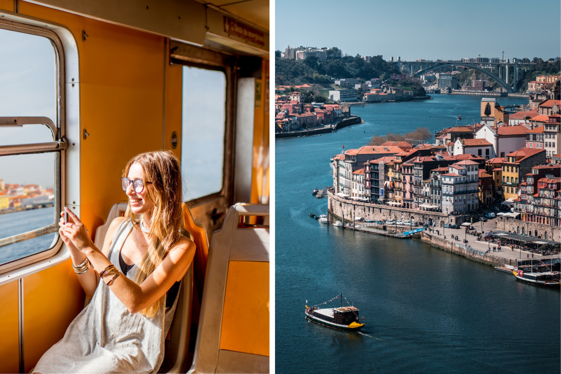 Collage of Portugal by Train: Top Duo travel package with a traveler on a scenic train ride and view of Porto’s colorful Ribeira district with the Douro River.
