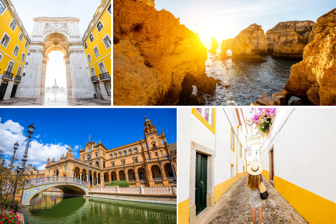 Collage of Iberian highlights in Black Friday travel deals: Lisbon’s Arco da Rua Augusta, Algarve cliffs at sunset, Seville’s Plaza de España, and a traveler walking in Évora’s historic streets.