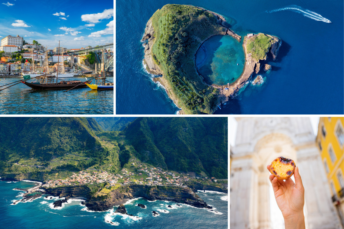 Collage of Portugal highlights featured in Black Friday travel packages: Porto’s Douro River, Azores islet of Vila Franca do Campo, Madeira’s coastal mountains, and pastel de nata in Lisbon.