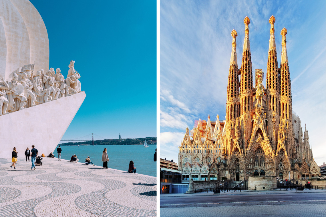 Collage featuring Lisbon’s Monument to the Discoveries overlooking the Tagus River and Barcelona’s Sagrada Família, both included in Portugal and Spain Black Friday travel deals.