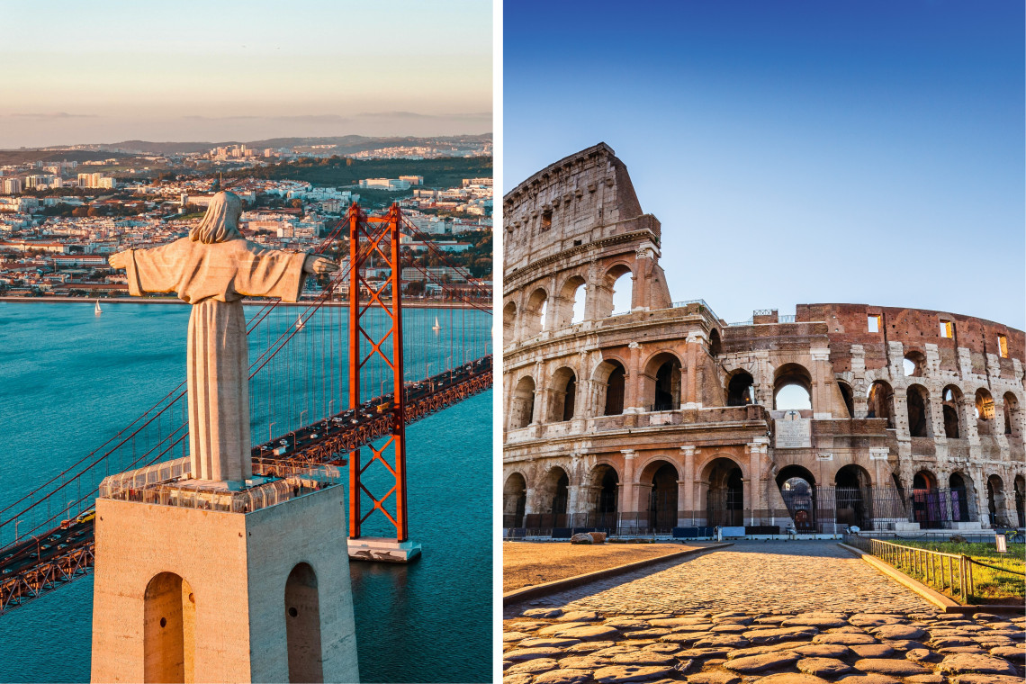 Cristo Rei statue with 25 de Abril Bridge in Lisbon and the Colosseum in Rome, two of Europe’s most famous landmarks.