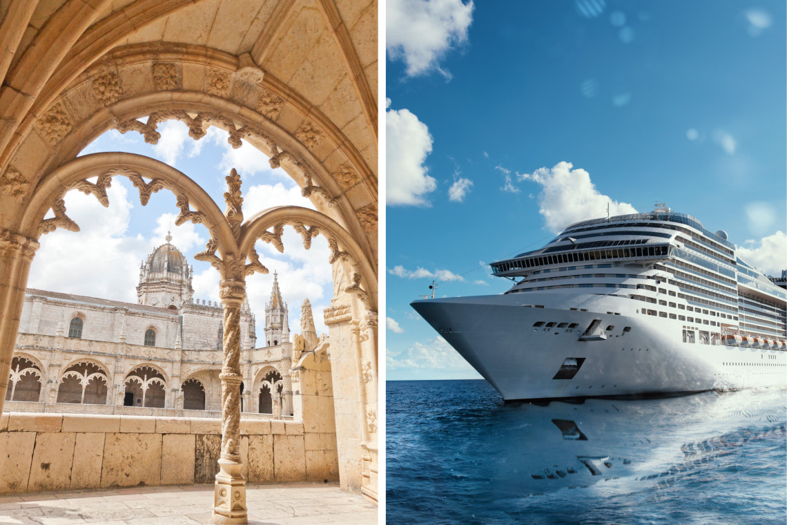 View of Jerónimos Monastery cloister in Lisbon, Portugal, alongside a modern cruise ship sailing the ocean.