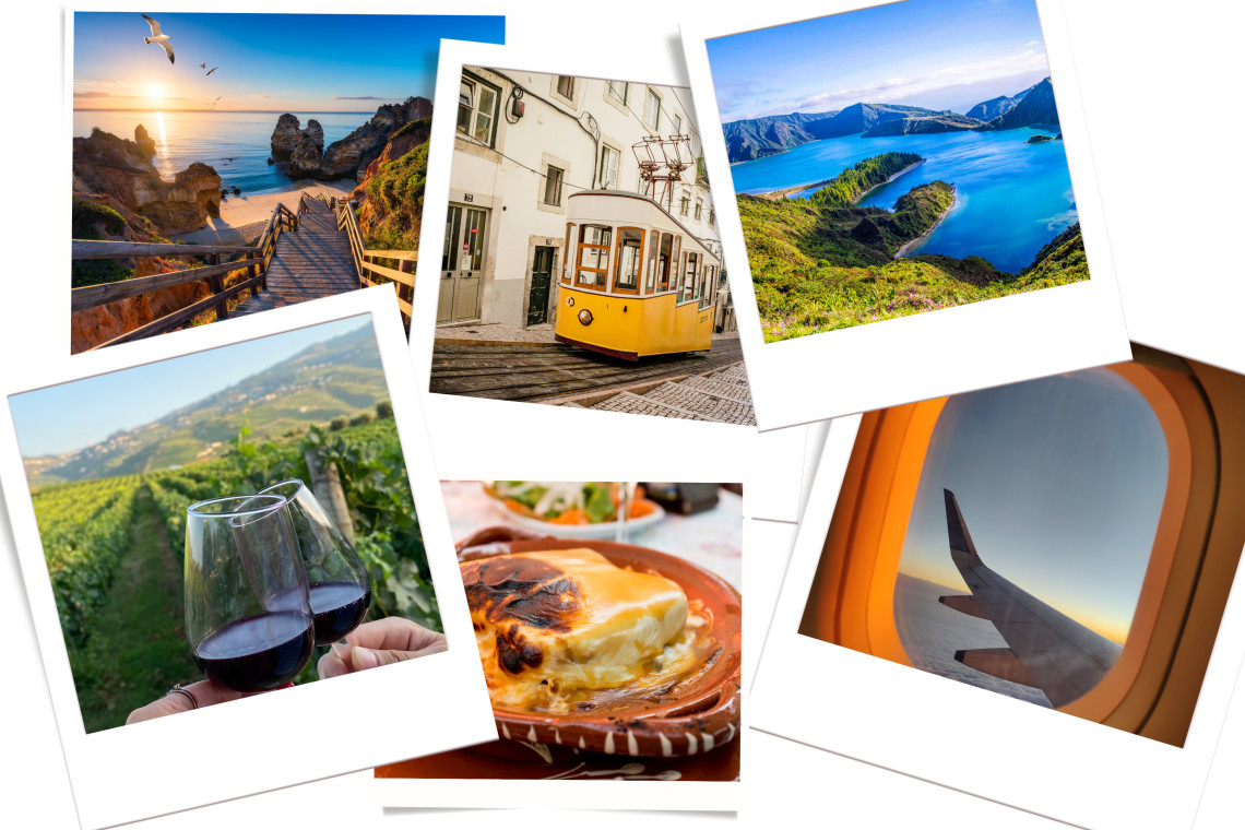 Portugal Travel Highlights – Beaches, Cities & Islands ollage of Portugal travel highlights including Algarve cliffs at sunset, Lisbon tram, São Miguel’s Sete Cidades Lagoon, Douro Valley vineyards with wine, traditional Portuguese dish, and airplane window view.