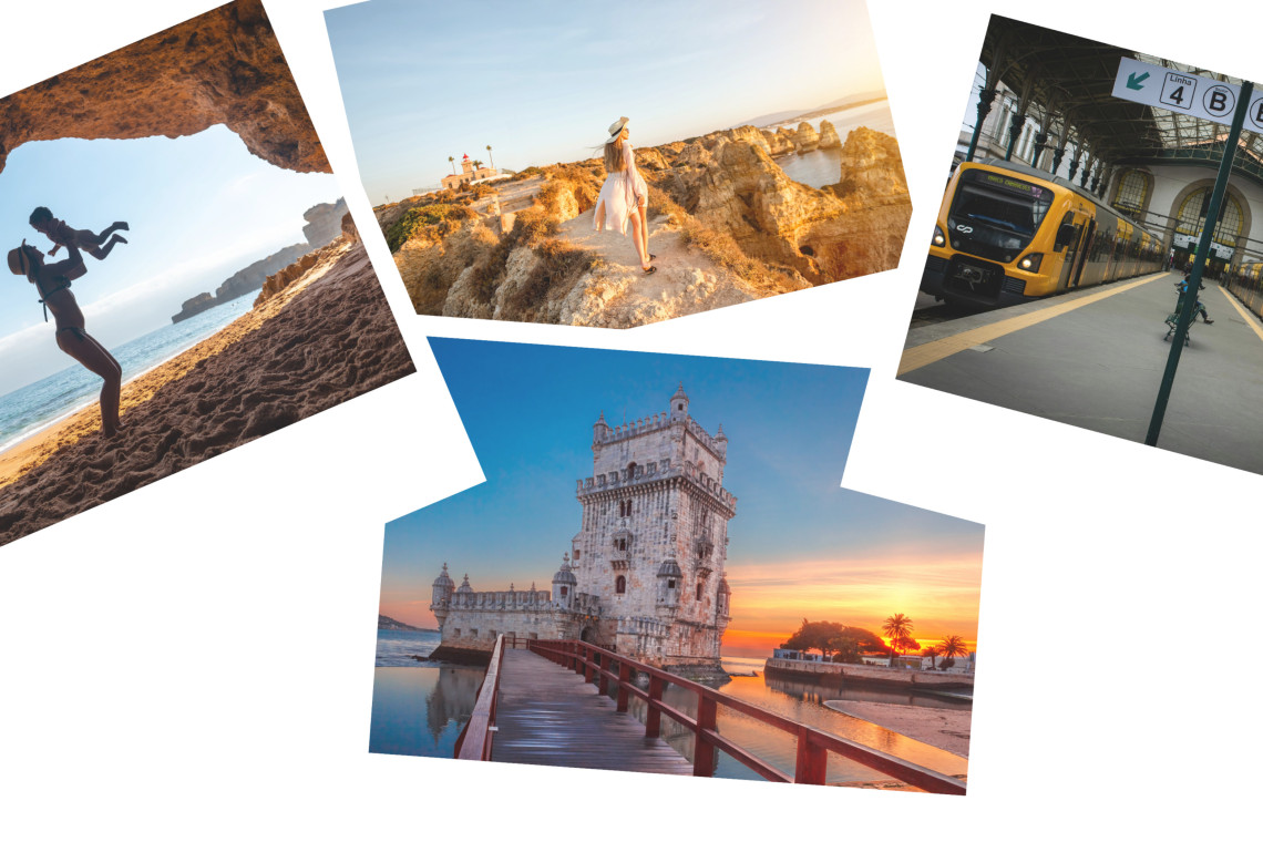 Portugal Highlights, Algarve, Lisbon & Train Travel Collage of Portugal travel highlights including a family on Algarve beach, a traveler at Ponta da Piedade cliffs, a train at Porto São Bento Station, and Belém Tower in Lisbon at sunset.