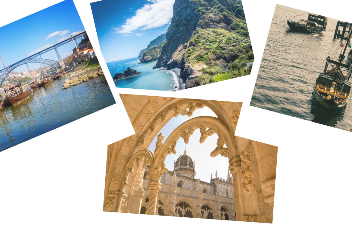 Portugal Landmarks – Porto, Madeira & Lisbon Collage of Portugal travel highlights including Porto’s Dom Luís I Bridge with rabelo boats, Madeira’s coastal cliffs, traditional ships on the water, and the Manueline architecture of Jerónimos Monastery in Lisbon.