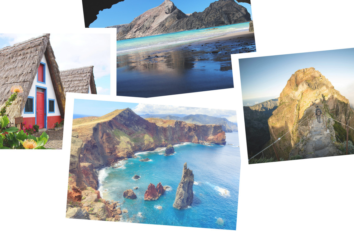 Madeira Guided Group Trip – Best-Selling Adventure Collage of Madeira highlights including traditional Santana houses, Porto Santo beach, dramatic cliffs of Ponta de São Lourenço, and hikers on Pico do Arieiro mountain trail.