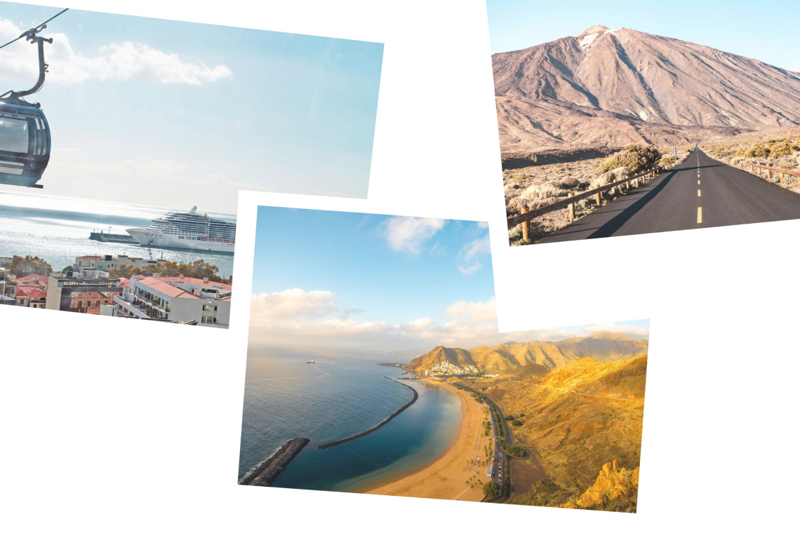 Madeira & Canary Islands: 11-Day Cruise Adventure Collage of Madeira and Canary Islands cruise highlights, including a cable car and cruise ship in Funchal, a scenic mountain road in Tenerife, and golden beaches along the Atlantic coast.