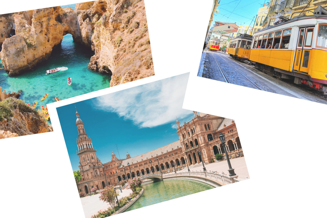 Southern Style: 13-Day Portugal & Spain Road Trip Collage of Portugal and Spain highlights including Algarve’s coastal cliffs and caves, Lisbon’s historic yellow trams, and Seville’s Plaza de España.