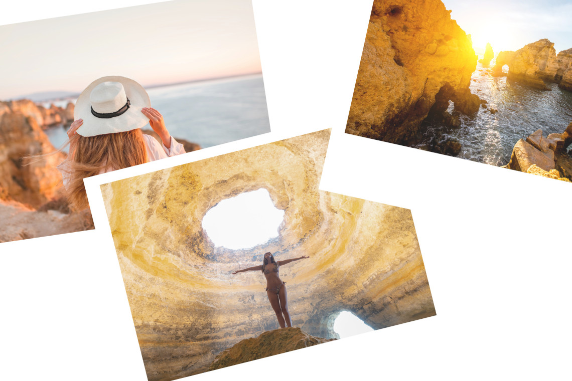 Algarve 1-Month Stay with Car: Explore Portugal’s Stunning Coastline Algarve Portugal coastal cliffs at sunset, Benagil cave interior with traveler, and golden rock formations by the sea