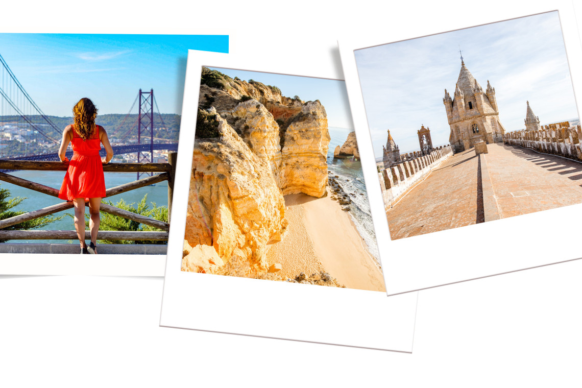 All-Time Favorite: South of Portugal Road Trip Collage of South Portugal highlights featuring Lisbon’s 25 de Abril Bridge viewpoint, Algarve’s golden cliffs and beaches, and Lisbon’s historic Belém Tower.