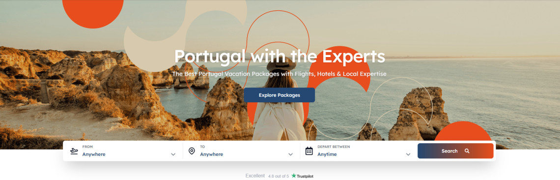 Homepage of Portugal Getaways featuring cliffs of the Algarve, a traveler looking at the sea, and a search bar for vacation packages with flights, hotels, and expert planning.