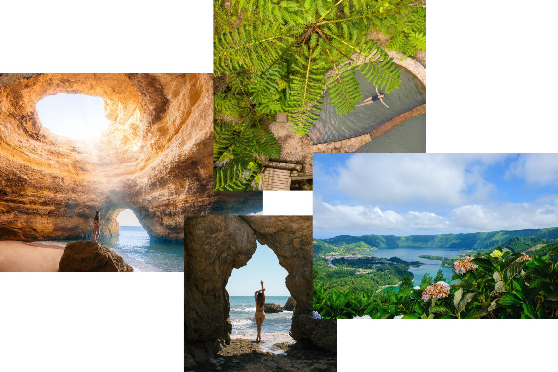 Collage of scenic highlights from the Algarve and the Azores, including Benagil Cave, Sete Cidades Lagoon, natural hot springs, and dramatic coastal rock formations.