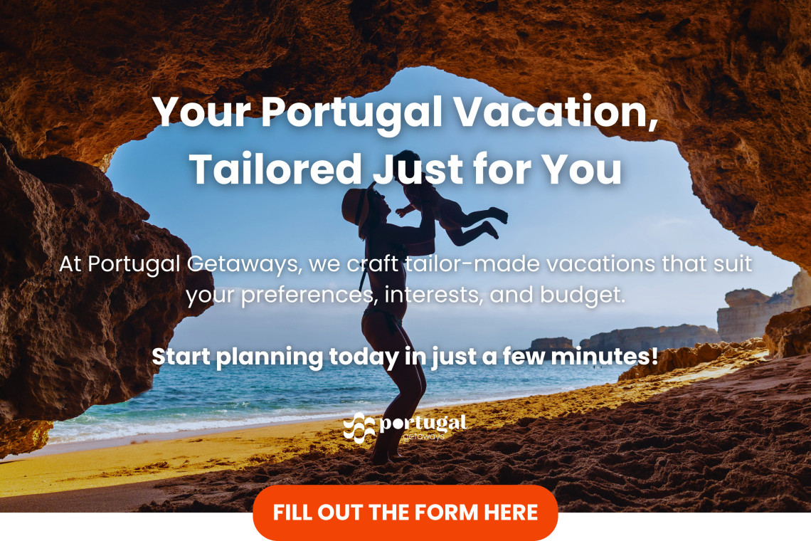 Parent lifting a child at a scenic beach in the Algarve, Portugal, with cave rock formations and the Portugal Getaways message promoting tailor-made vacations. 