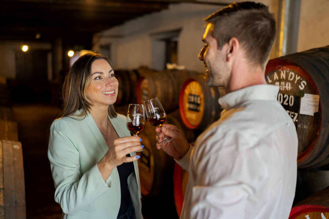 Madeira Wine Tasting Experience – Blandy’s Wine Lodge in Funchal Couple enjoying a Madeira wine tasting at Blandy’s Wine Lodge in Funchal, Madeira Island, Portugal