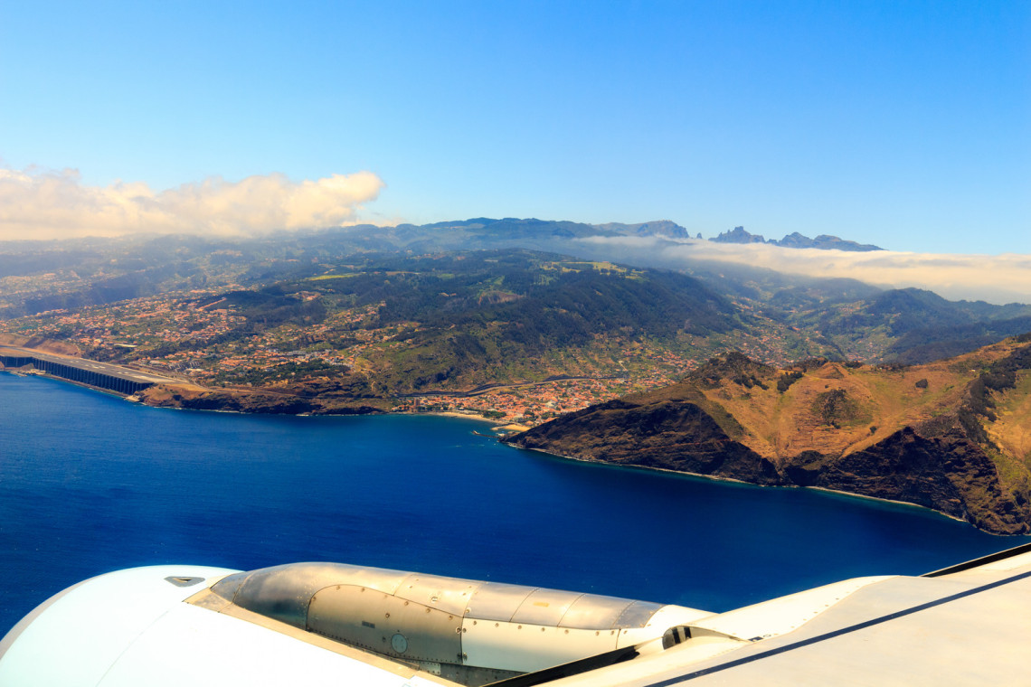 View from plane over Funchal city on Madeira island, Portugal