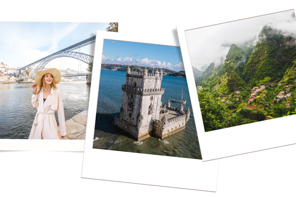 Collage of Portugal highlights: Dom Luís I Bridge in Porto, Belém Tower in Lisbon, and lush green mountains in Madeira, all part of the Lisbon, Porto & Madeira travel package.