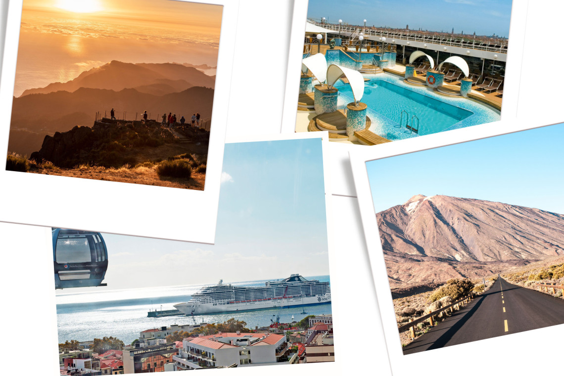 Highlights of the Madeira and Canary Islands cruise package, mountain sunsets, luxury cruise ship, volcanic landscapes, and onboard pool experiences.