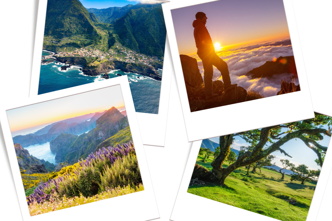 Stunning landscapes of Madeira Island, Portugal, coastal cliffs, mountain peaks at sunrise, colorful wildflowers, and ancient laurel forests, highlights of a fly and drive road trip.