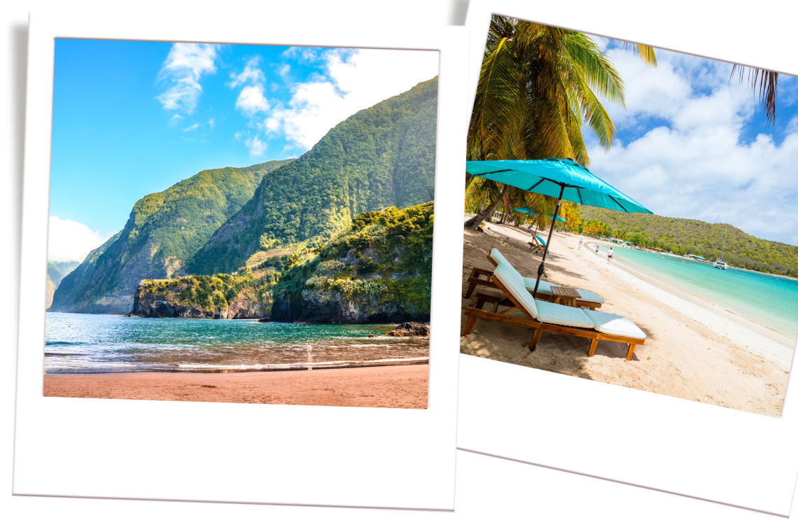 Madeira’s green cliffs and Atlantic coastline contrasted with a Caribbean beach lined with palm trees and sun loungers, highlighting the travel comparison.